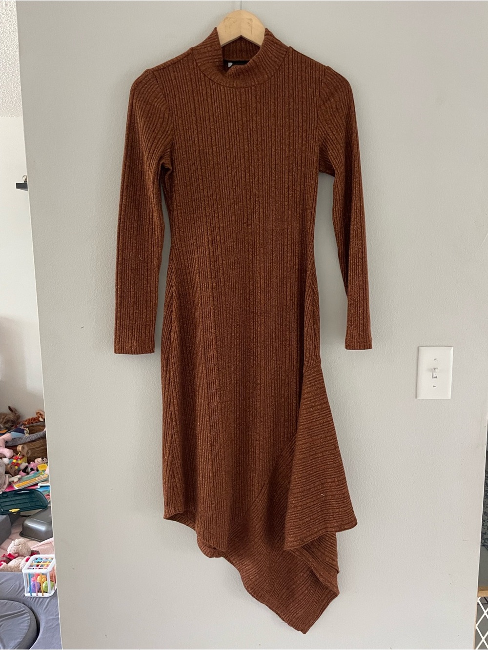 Maison Tara Ribbed Asymmetrical Hem Dress - Brown & Metallic